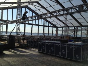 Load in setup for Amway China 2014 at Ellis Island, NY Harbor; dinner, Wang Leehom performance, and fireworks spectacular.